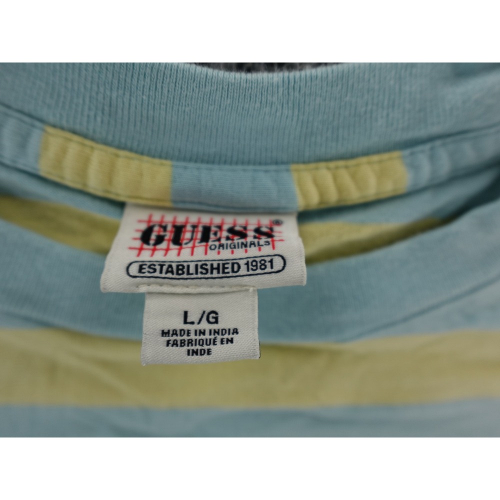 Guess Originals Striped T Shirt Yellow Blue Daisy Logo Short Sleeve Mens L - Picture 3 of 8